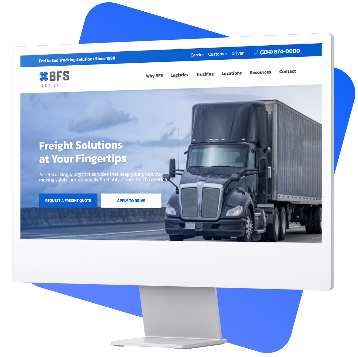 Computer screen displaying BFS logistics trucking website for freight solutions.